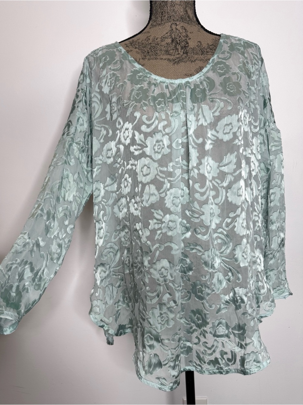 Calypso St. Barth Mint Burnout Velvet Sheer Floral Blouse Boho Romantic Size M